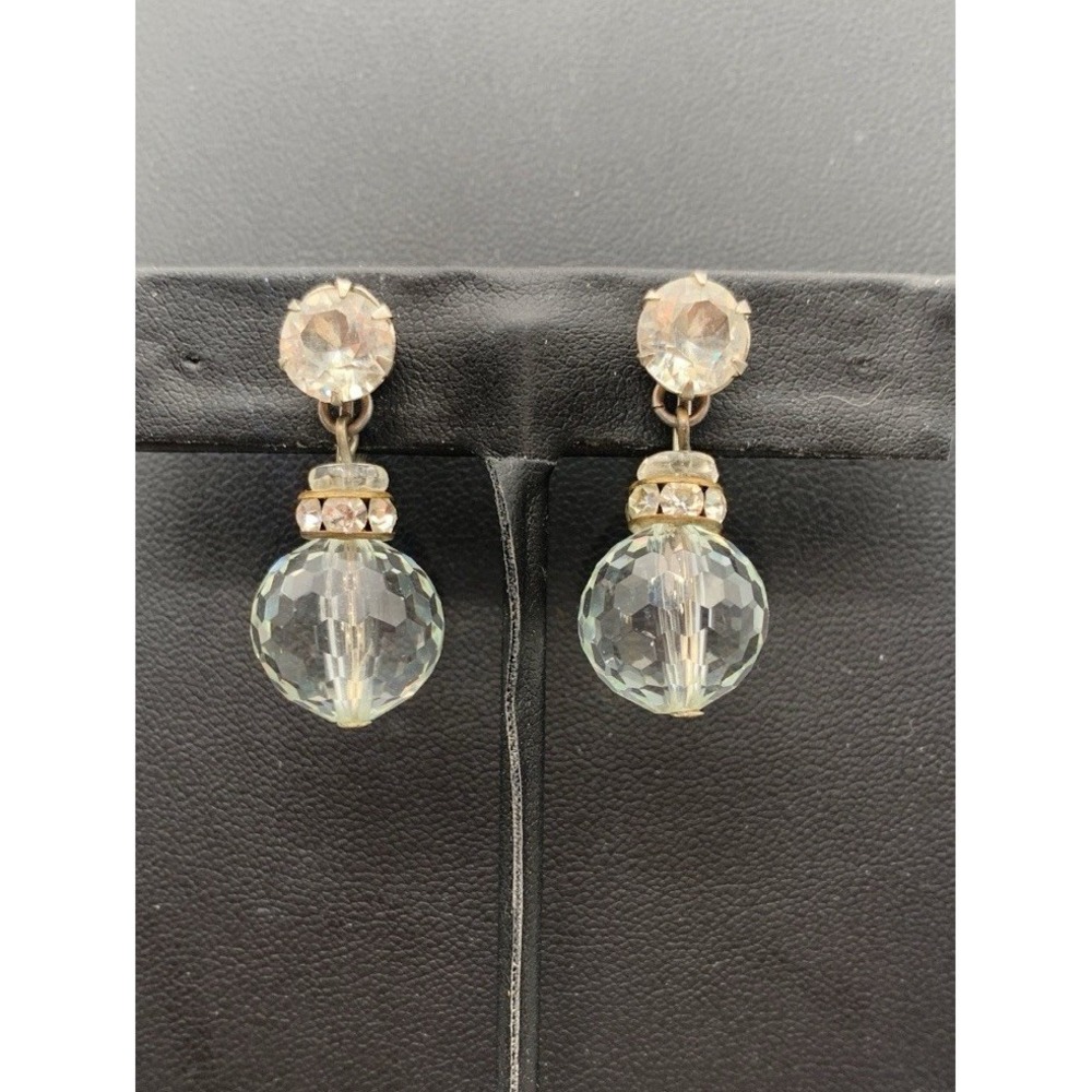 Vintage Faceted Glass Dangle And Clear‎ Rhinestone Screw Back Earrings